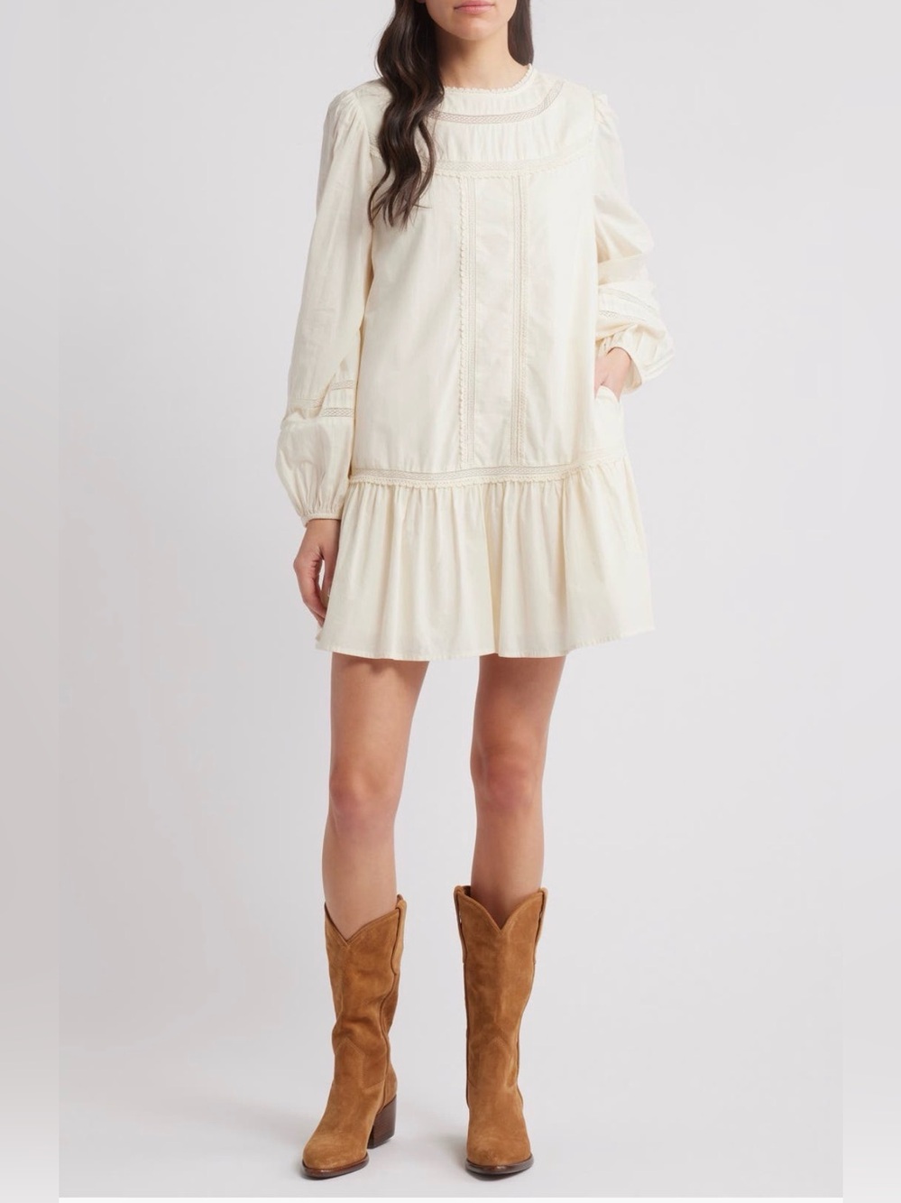 Nordstrom Long-Sleeve Tiered Mini Shift Dress - XXL in Ivory Dove/Cream